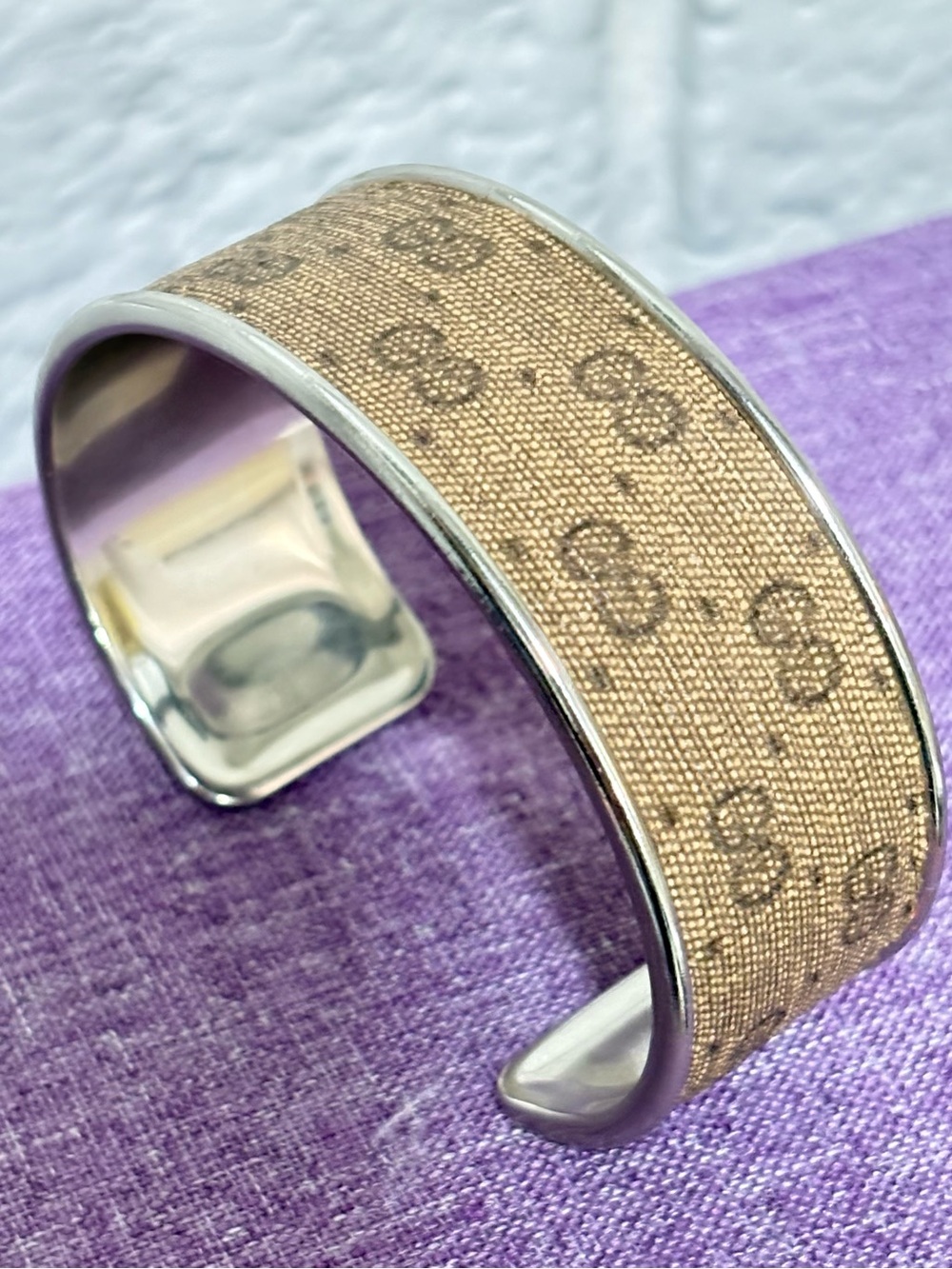 Gucci Beige Micro-Monogram Canvas Cuff Bracelet with Silver-Tone Edges
